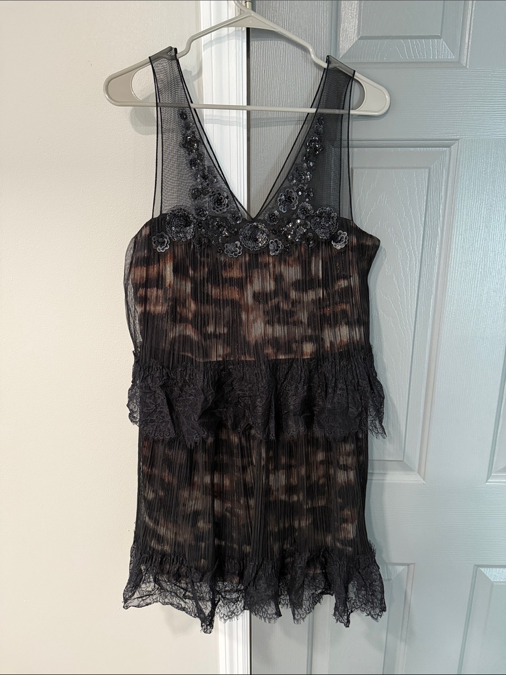 BCBG  Mesh Slip Dress with Sequin Floral Bodice